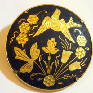 Round Damascene Brooch Pin Bird, Flowers, Leaves